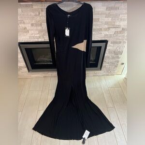 NWT: ABS by Allen Schwartz Black Long Sleeve Mesh Cut-Out Gown with Slit, Large